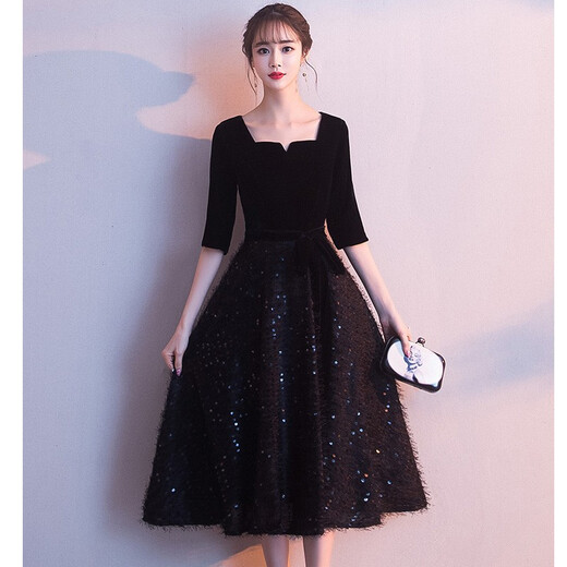Seidler black little evening dress for women to wear at ordinary times 2025 new banquet and evening temperament mid-length annual meeting to look slim black XL