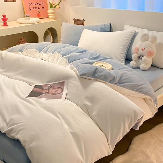 Yalu solid color double milk velvet bed four-piece set autumn and winter thickened warm bed sheet quilt cover home bed cover three-piece set milk white + baby blue skin-friendly warm and non-shedding 1.8m bed sheet style four-piece set-quilt cover 200*230cm