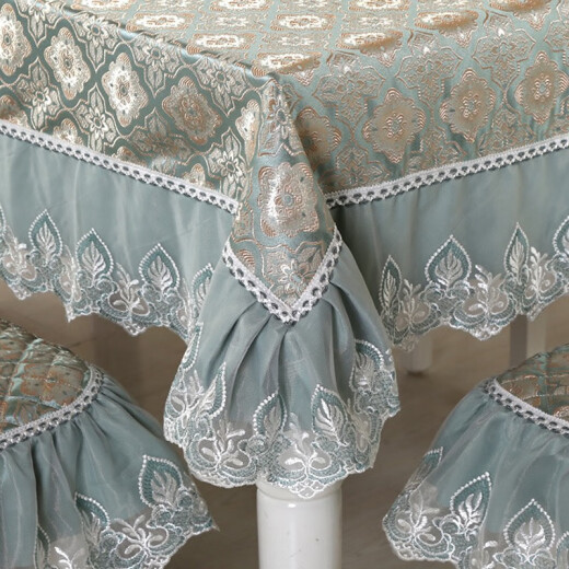 Miaozhan dining chair tablecloth cover set tablecloth waterproof and oil-proof rectangular European classical lace flower full moon chair cover blue and green