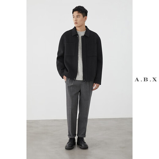 a.b.x.冬季重磅全羊毛翻领对称口袋罗纹底双面尼夹克 男呢子外套 卡其 M/170