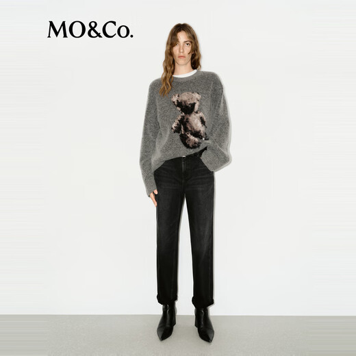 MO&Co. jeans tailored mid-high waist nine-point small straight tapered washed black hand-rubbed Nekosuma Anko denim black L 28