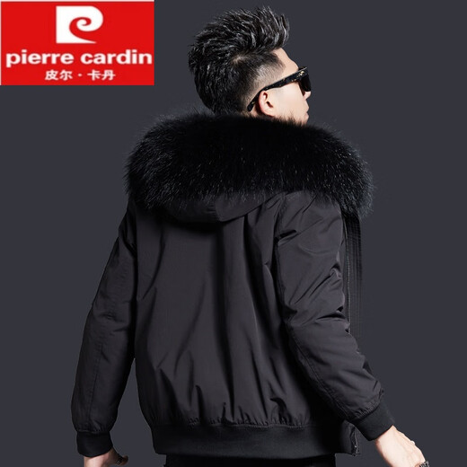 Pierre Cardin 2025 new winter parka men's short detachable fur jacket coat slim and thickened black M