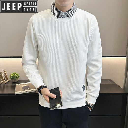 吉普（JEEP）衬衫领卫衣男2025新款秋季潮流修身假两件套头上衣打底针织T恤 友谊9893 白色 M 90到105斤