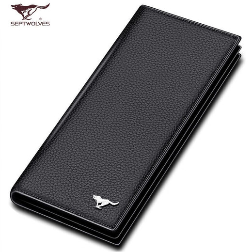 Septwolves New Year's gift for men, wallet, card holder, genuine leather long wallet, large capacity, first layer cowhide for dad, for husband, brown long metal wolf logo