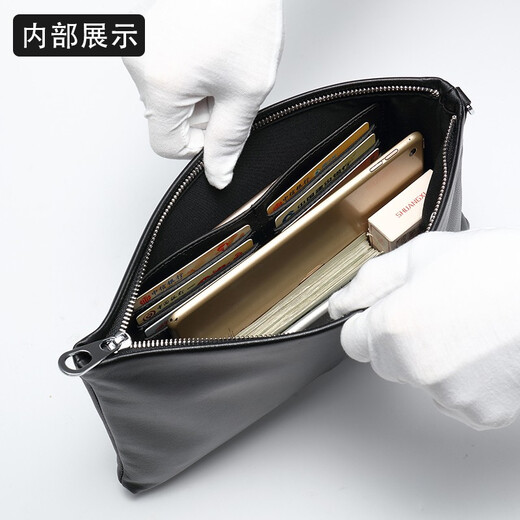 Aoyi men's handbag sheepskin handbag business genuine leather clutch envelope bag casual large capacity soft bag wallet black model large size [length 30 width 20.5 thickness 3.5 cm]
