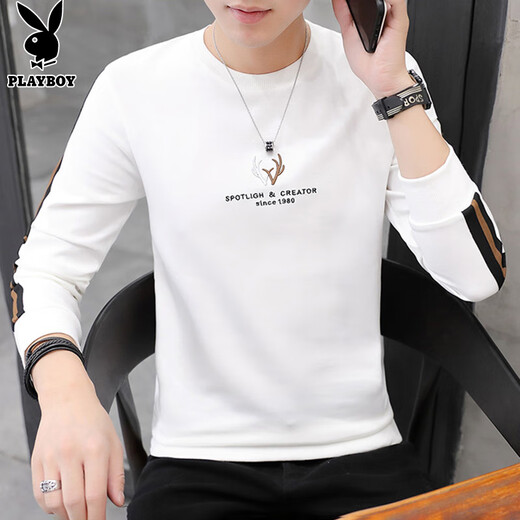 Playboy (PLAYBOY) толстовка мужская осенне-зимняя футболка с длинными рукавами мужская куртка повседневный мужской свободный топ белый XL