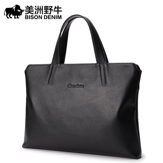 
American Bison briefcase men's business bag genuine leather men's handbag men's head layer cowhide computer bag casual bag gift black horizontal style 14 inches