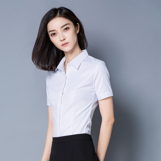 Summer slim short-sleeved women's white shirt for college students interview commuting professional formal suit button shirt 687 white XL