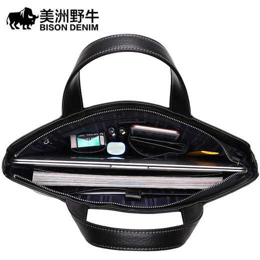 
American Bison briefcase men's business bag genuine leather men's handbag men's head layer cowhide computer bag casual bag gift black horizontal style 14 inches