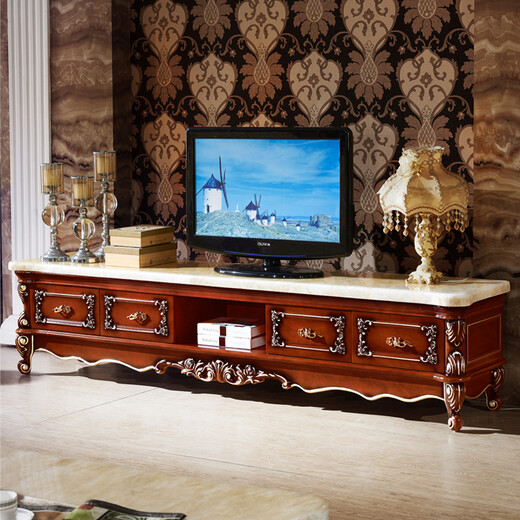 Mengmeisxuan Möbel American Marmor TV -Schrank Kombination Set natürliche Beige Steinoberfläche Europäischer Massivholz Aufbewahrungsschrank Wohnzimmer Bodenschrank 698 2.0m Fernsehschrank