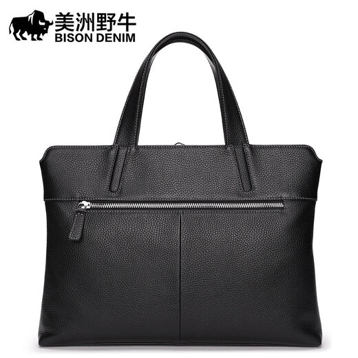 
American Bison briefcase men's business bag genuine leather men's handbag men's head layer cowhide computer bag casual bag gift black horizontal style 14 inches