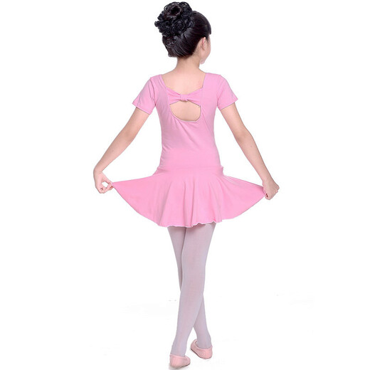 驰动儿童舞蹈服女童练功服春夏短袖考级服装连体服棉芭蕾舞裙粉色3XL