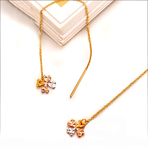 Ya Ning Jewelry Color Gold 18k Gold Ear Wire Clover Color Gold Earrings K Gold Fashion Four Leaf Clover Ear Wire Korean Version Red Wire (Pair)