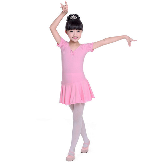 驰动儿童舞蹈服女童练功服春夏短袖考级服装连体服棉芭蕾舞裙粉色3XL