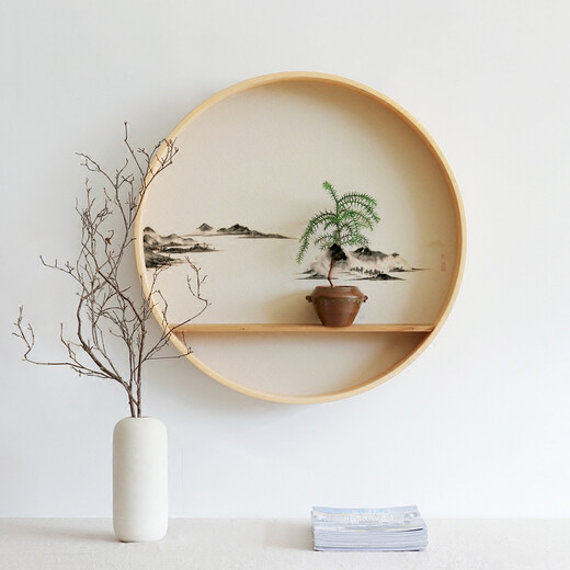 Shangjin Meishe New Chinese style entrance decorative painting tea room Zen solid wood round hanging painting living room corridor landscape painting ink painting J style - Jingyouxinsheng version diameter 60cm
