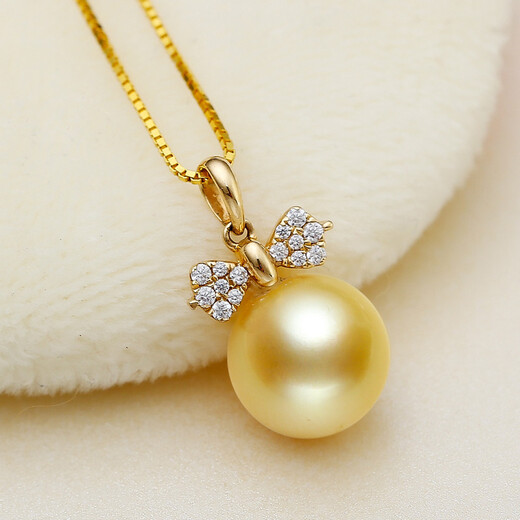Haitong white light gold South Sea gold pearl pendant single simple K gold bow seawater pearl necklace for women light gold 10-11mm almost flawless