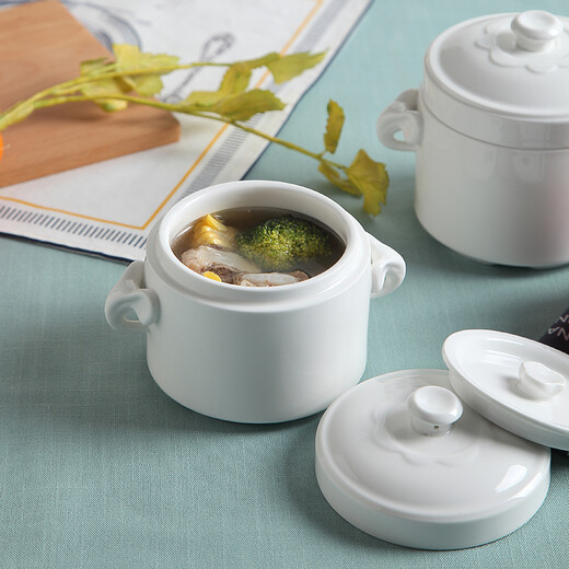 Remec Jin Yu Ruimei Pure White Elephant Double Cover and Double Ear Ceramic Stew Cup 1 Pack 400ML Stew Bowl Bird's Nest Soup Cup