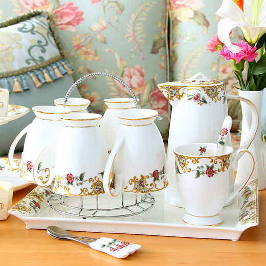 Pinlaiyun Household Water Cup Set Ceramic Living Room Tea Cup Cold Kettle European Heat-Resistant Bone China Mug with Tea Tray Tea Set Mount Fuji Style 9-piece Set (Ceramic Tea Tray)