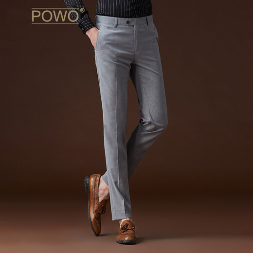 POWO suit pants men's slim gray suit pants business straight formal wear men's work autumn and winter Korean style iron-free suit pants medium gray (autumn and winter style-plain) 32 yards (suitable for 135-145 Jin Jin equals 0.5 kg)