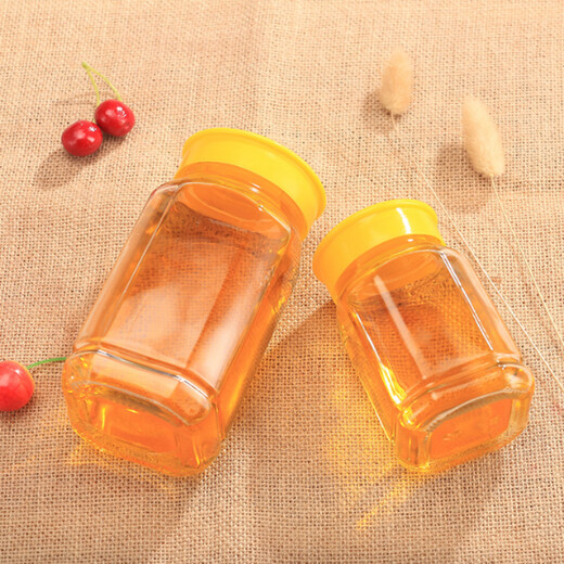 Liuyang large and small octagonal honey bottle glass bottle pickle jam bottle sealed jar honey bottle 1Jin Jin equals 0.5kg, 1 yellow lid 360ml