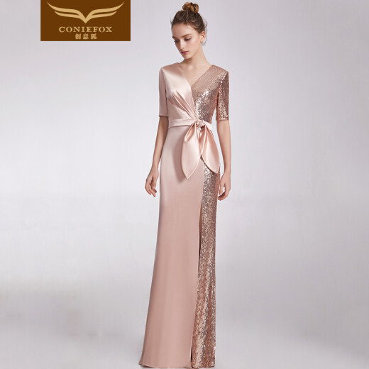 Creative fox autumn and winter ladies banquet evening dress women's long dress fashionable and sexy deep V-neck dress short-sleeved dress European and American style slim fishtail slit skirt pink M