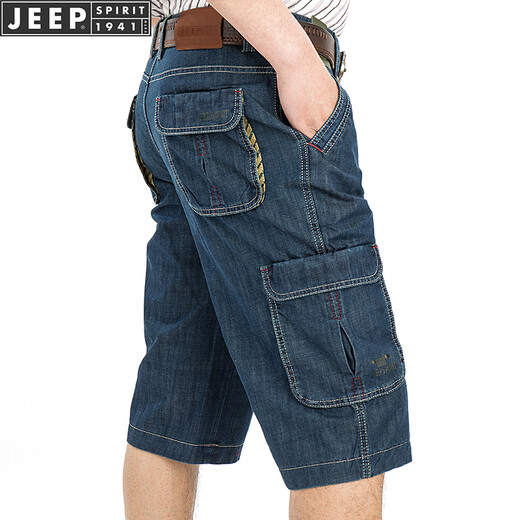 JEEP SPIRIT吉普休闲牛仔短裤男直筒宽松夏季七分裤多口袋工装中裤753 深蓝753 34