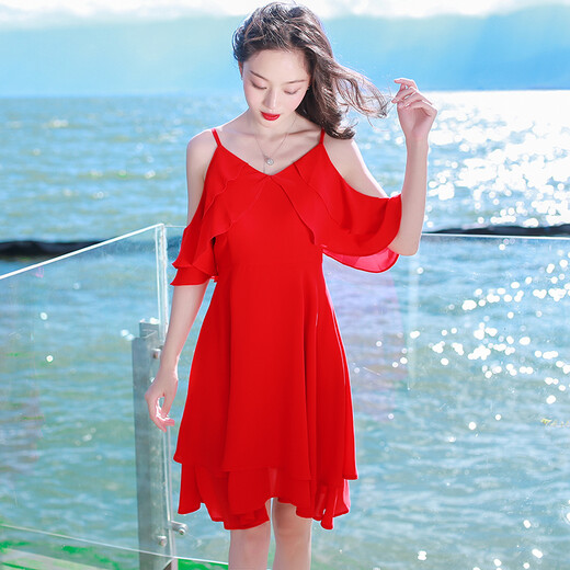 XIZI schöne Stimmung Sommer Frauen Red Suspender Kurzrock Kurzarm Chiffon Kleid Bohemian Beach Rock Meer Urlaubsrock Bild Farbe AQ17A679 S