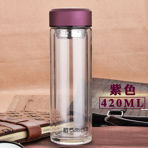 富光 双层玻璃杯创意 水杯带滤网防漏男女便携办公商务泡茶杯子G1416 蓝色 350ml