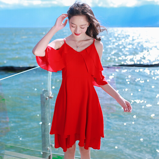 XIZI schöne Stimmung Sommer Frauen Red Suspender Kurzrock Kurzarm Chiffon Kleid Bohemian Beach Rock Meer Urlaubsrock Bild Farbe AQ17A679 S