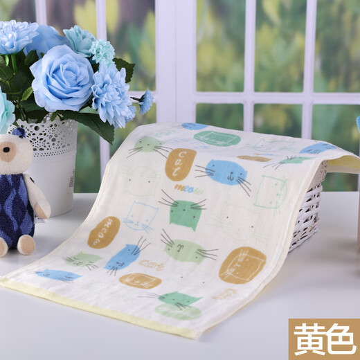 Gold number pure cotton home textile household women's and children's face wash towel Cartoon kitten children's face towel kindergarten children's towel Wu Nian double-layer gauze soft and water-absorbent 52*28CM yellow