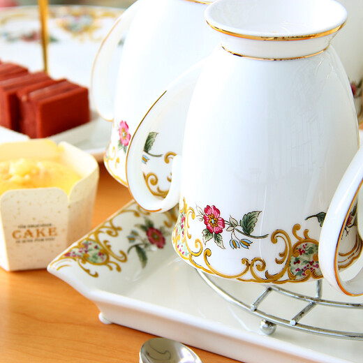 Pinlaiyun Household Water Cup Set Ceramic Living Room Tea Cup Cold Kettle European Heat-Resistant Bone China Mug with Tea Tray Tea Set Mount Fuji Style 9-piece Set (Ceramic Tea Tray)