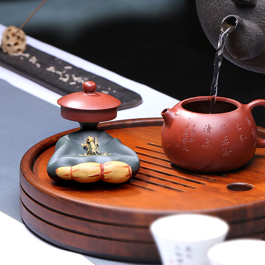 Hidden pot world Yixing purple sand lid holder tea pet pure handmade ornaments tea set accessories frog lotus seeds can be raised tea table tea play small ornaments
