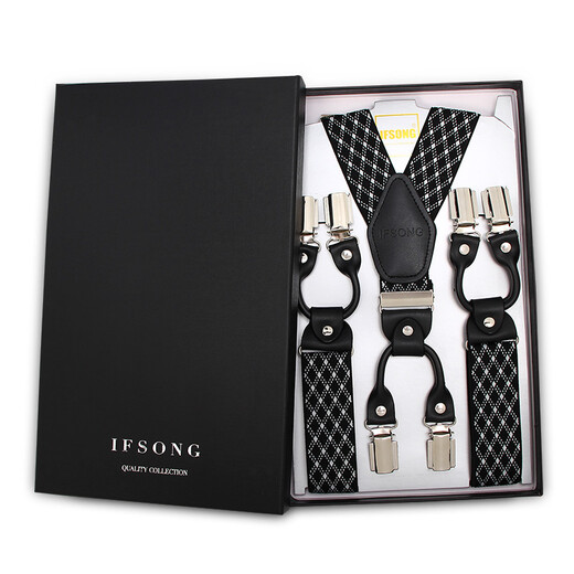 IFSONG Men's Suspenders Formal Business Suspenders Suspenders Suspenders Clip Black 3.5cm Gift Box Black Diamond Check 090G