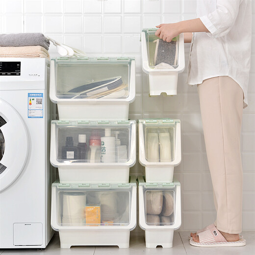 Bailu storage box with front side opening, children's snacks, toys, clothes storage box, plastic with lid, transparent flip-top storage box, mint green small size 3 pack