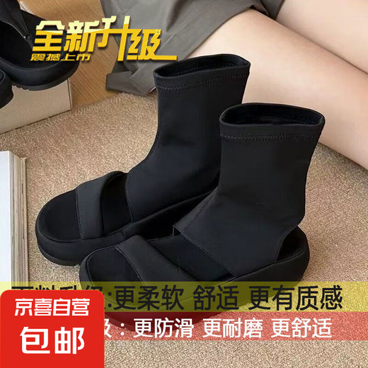 Korean thick sole high-top Roman sandals for women in spring and summer 2025 new niche design open toe-foot-punching sandals black [upgraded honeycomb soft sole] 37