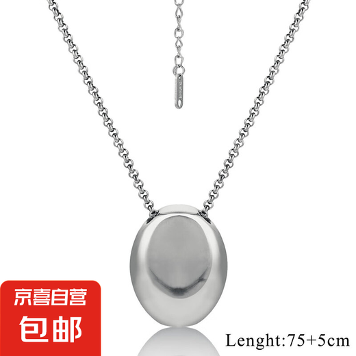 不锈钢项链欧美高级感椭圆吊坠项链简约时尚中性风毛衣链长款女 钢色 链长：75cm+5cm