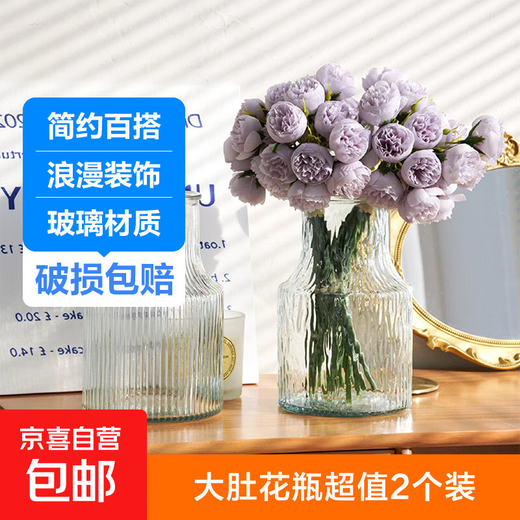 Flower vase, flower arrangement, water-raised glass, high-looking handmade large-diameter vase, living room and bedroom decoration, big belly vase 2 pack (one pattern each)