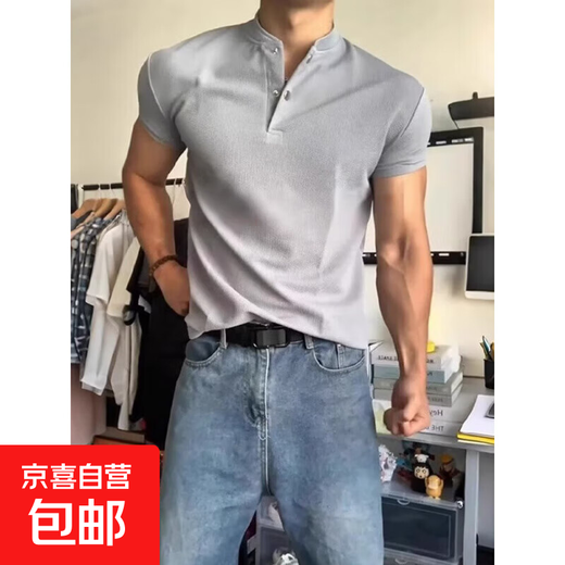 Light gray Henry collar short-sleeved men's waffle T-shirt bottoming shirt showing muscle fitness American retro half-sleeve XH light gray XL