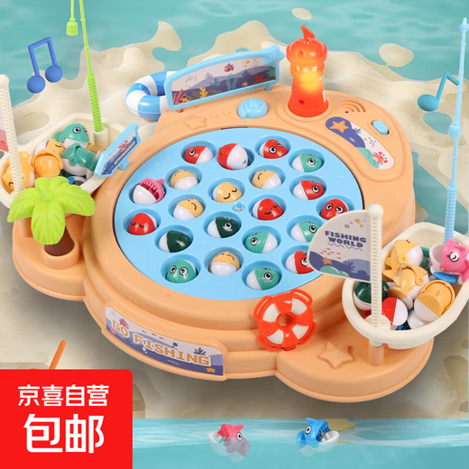 Fishing Toys Automatic Fishing Pool Children's Electric Music Magnetic Fishing Tray Early Education Toys Children's Toys 2 Rod 21 Fish Electric Magnetic Lighthouse Fishing Set
