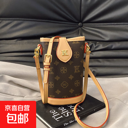 复古印花水桶包2025新款高颜值时尚洋气手提包爆款小众单肩斜挎包 杏色