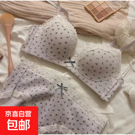 Sweet girly lace-edged sexy underwear for women with small breasts pushed together to make them look bigger without steel rings anti-sagging bra for women with cotton breasts blue floral suit XL 85/38AB