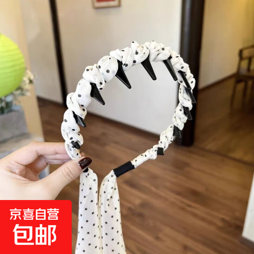 Fabric polka-dot headband for women 2025 new style winding headband hair band with teeth anti-slip hairpin headdress 2 polka-dot streamer all-in-one headband white