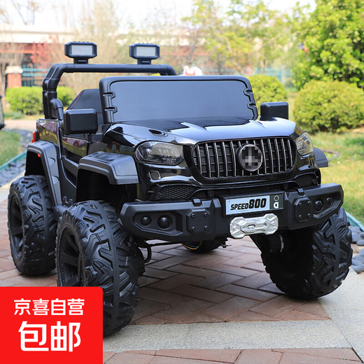 Double children's electric vehicle, off-road vehicle, baby remote control toy car, can sit on adults' high-end stroller with four wheels, painted black, four-wheel drive 12V12 Chaowei battery + leather seat + hard wheels + remote control