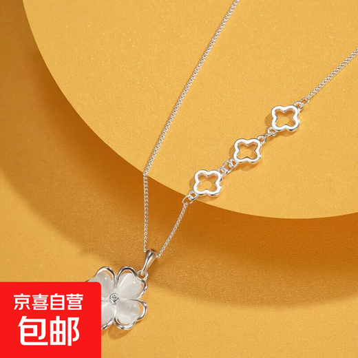 S999 sterling silver necklace for women, cat's eye stone, four-leaf clover bone chain pendant, light luxury and simplicity, a Chinese Valentine's Day gift for girlfriend 1355DZ-Silver-S999 pure silver