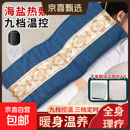 Sea Salt Hot Compress Bag Salt Bag Electric Heating Moxibustion Physiotherapy Hot Compress Bag Mugwort Waist Protector Knee Shoulder and Cervical Support for Parents Second Generation Upgraded Linen Blue + Nine-level Temperature Control + Four Seasons + 4 Mugwort Bags