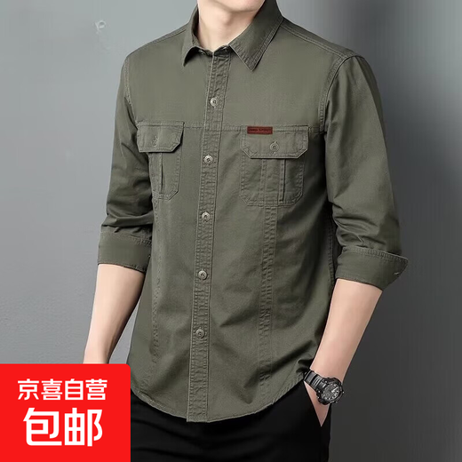 Shirt men's 2025 spring and autumn new solid color cotton comfortable American tough guy casual workwear long-sleeved men's shirt summer military green regular original high quality XL recommended 125-140Jin Jin equals 0.5 kg