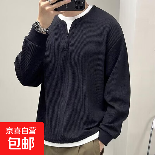 American deconstructed polo henley collar sweatshirt for men in autumn with a design sense of right shoulder loose hooded long-sleeved T-shirt base layer black M