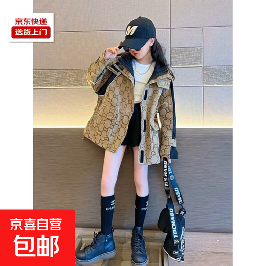 Girls' coat spring tops 2025 Korean version of medium and large children's windbreaker, stylish mid-length lapel hooded cardigan trendy TW04 khaki 170