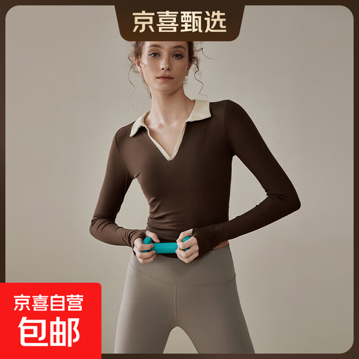 Elegant Yoga Wear Women's Autumn and Winter Sports Top Long Sleeve Running Fitness Pilates Training Set Coconut Brown L