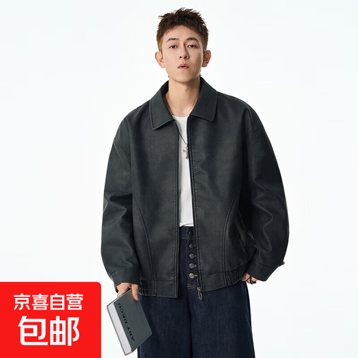 American trendy brand retro PU leather jacket with spliced lapel jacket for men, spring and autumn loose and versatile casual jacket, black M